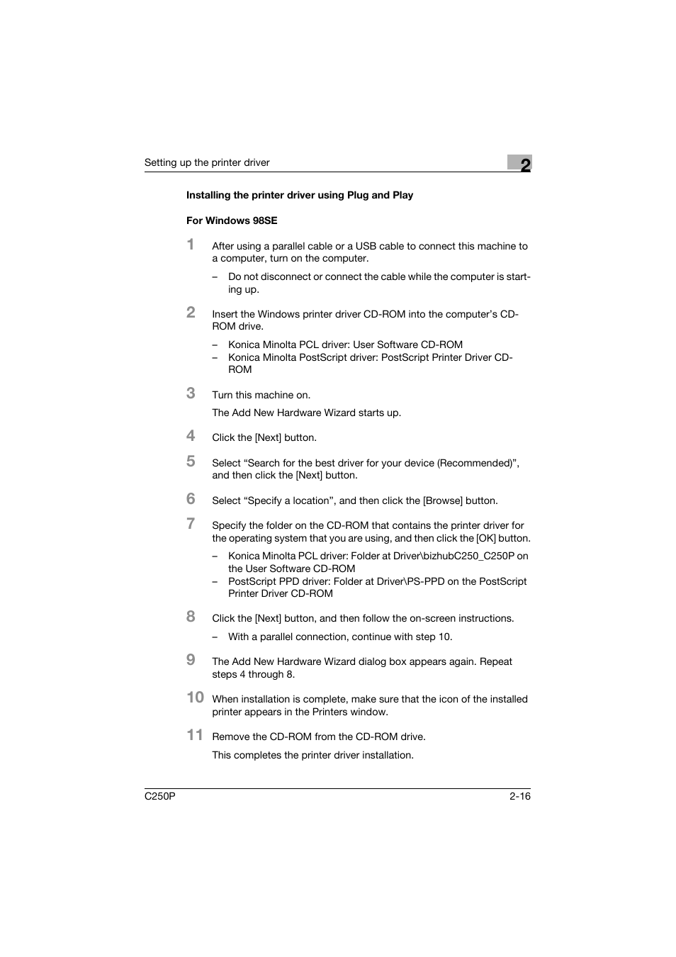 Installing the printer driver using plug and play, For windows 98se | Konica Minolta C250P User Manual | Page 79 / 498