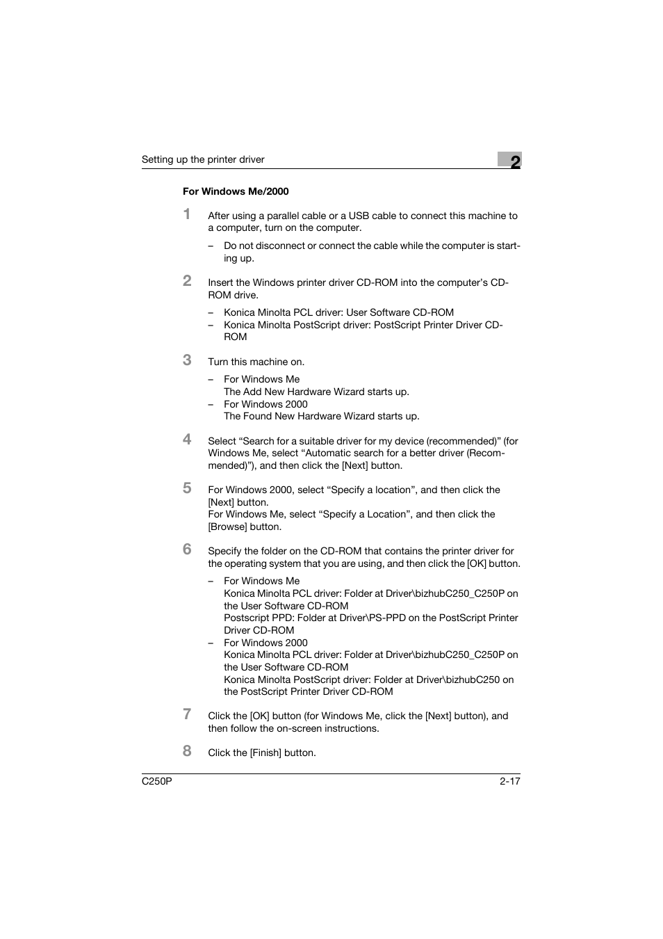 For windows me/2000, For windows me/2000 -17 | Konica Minolta C250P User Manual | Page 80 / 498