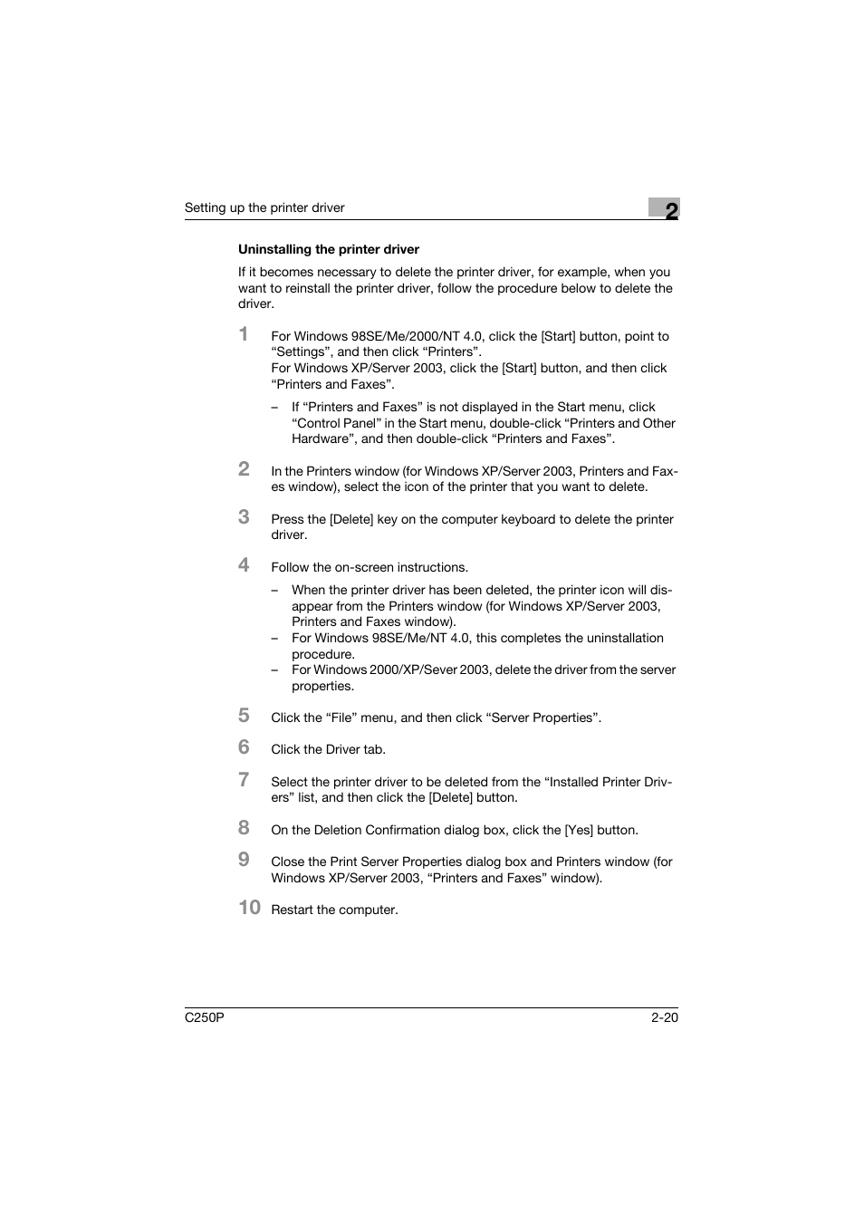 Uninstalling the printer driver, Uninstalling the printer driver -20 | Konica Minolta C250P User Manual | Page 83 / 498