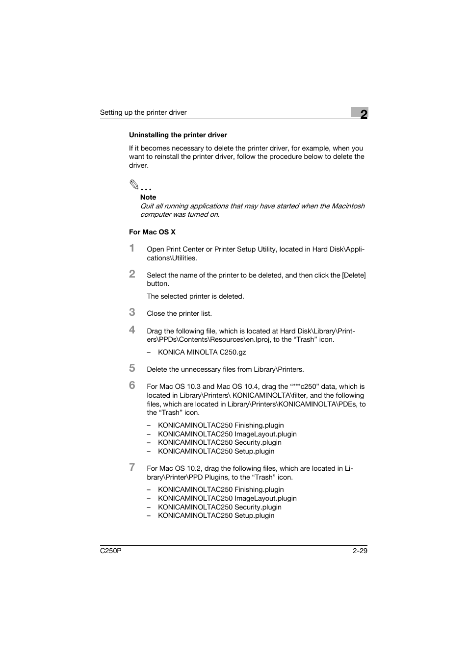 Uninstalling the printer driver, For mac os x | Konica Minolta C250P User Manual | Page 92 / 498