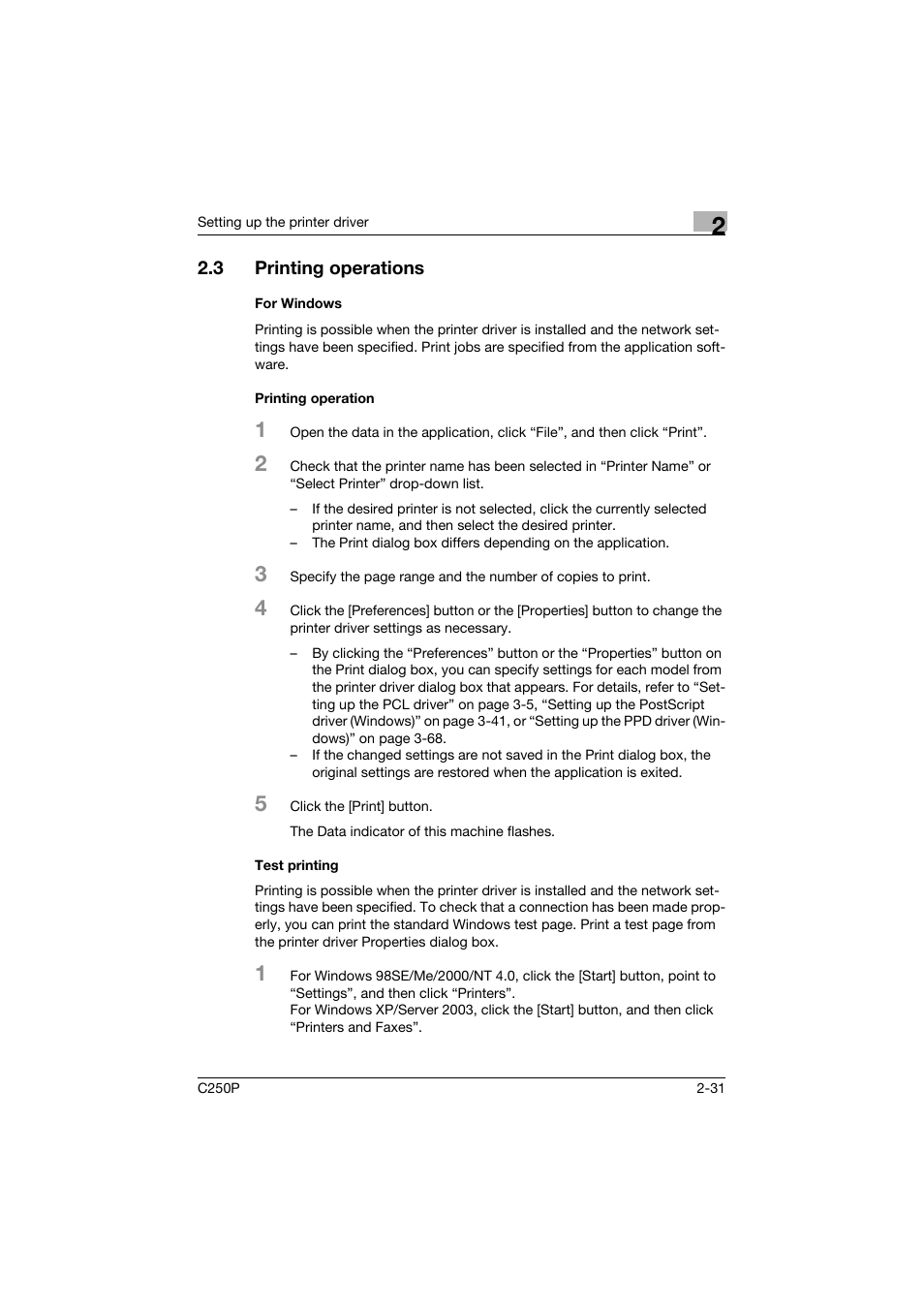 3 printing operations, For windows, Printing operation | Test printing, Printing operations -31 | Konica Minolta C250P User Manual | Page 94 / 498