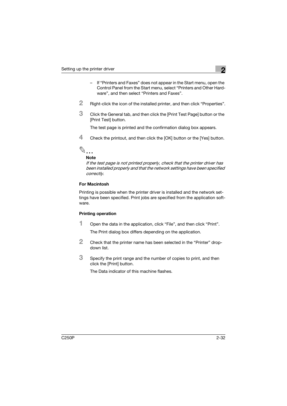 For macintosh, Printing operation, For macintosh -32 printing operation -32 | Konica Minolta C250P User Manual | Page 95 / 498