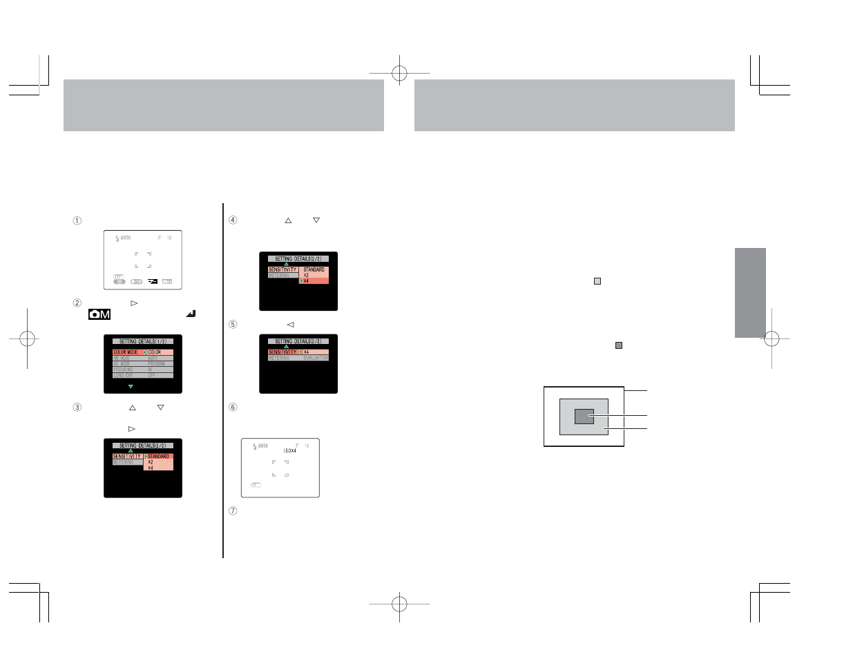 Selecting the metering mode, Increasing exposure sensitivity to 2x, 4x | Konica Minolta Konica Digital Revio KD-300Z User Manual | Page 23 / 50