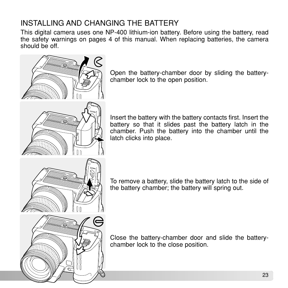 Installing and changing the battery | Konica Minolta Dimage A1 User Manual | Page 23 / 49