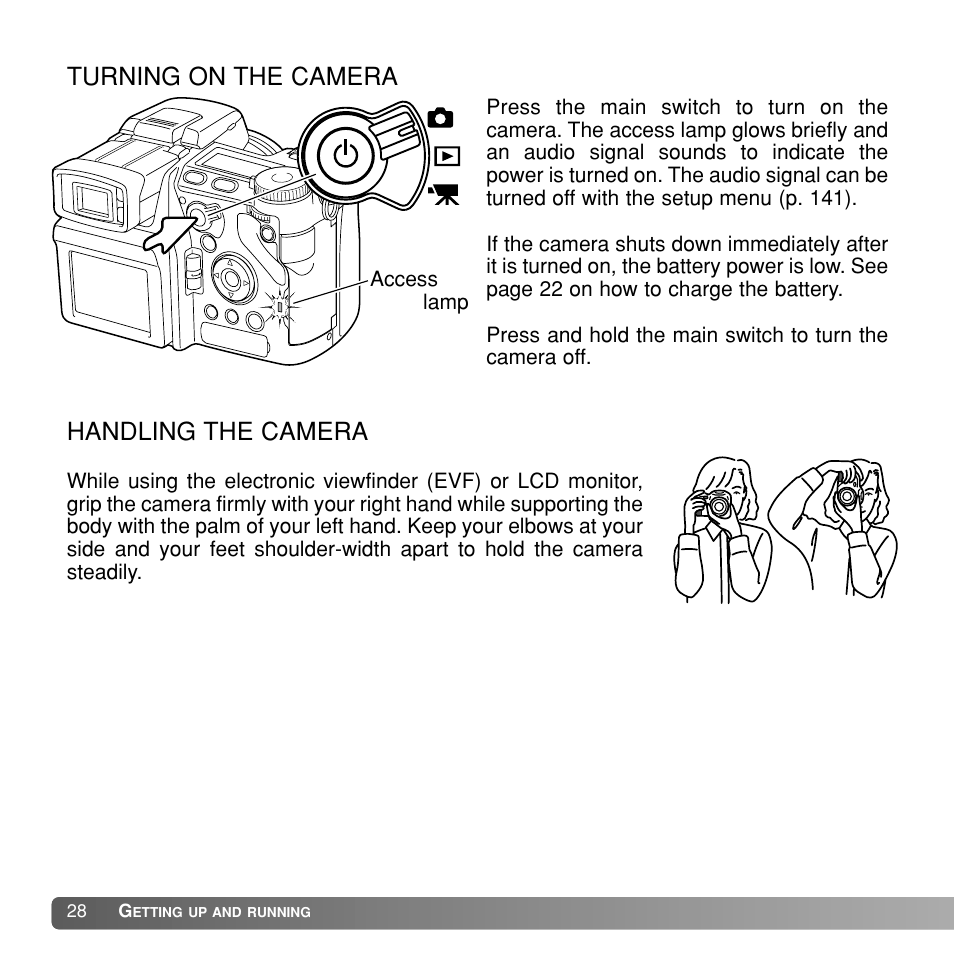 Handling the camera turning on the camera | Konica Minolta Dimage A1 User Manual | Page 28 / 49