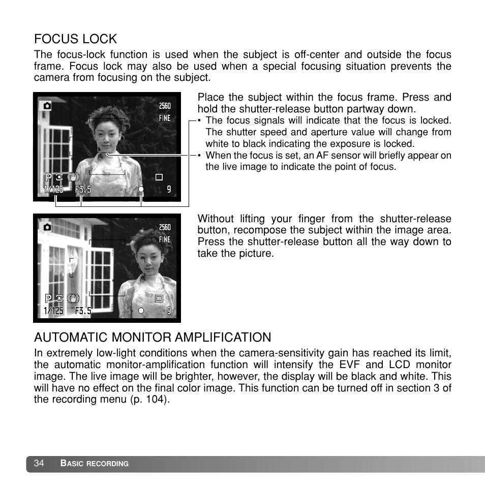 Focus lock, Automatic monitor amplification | Konica Minolta Dimage A1 User Manual | Page 34 / 49