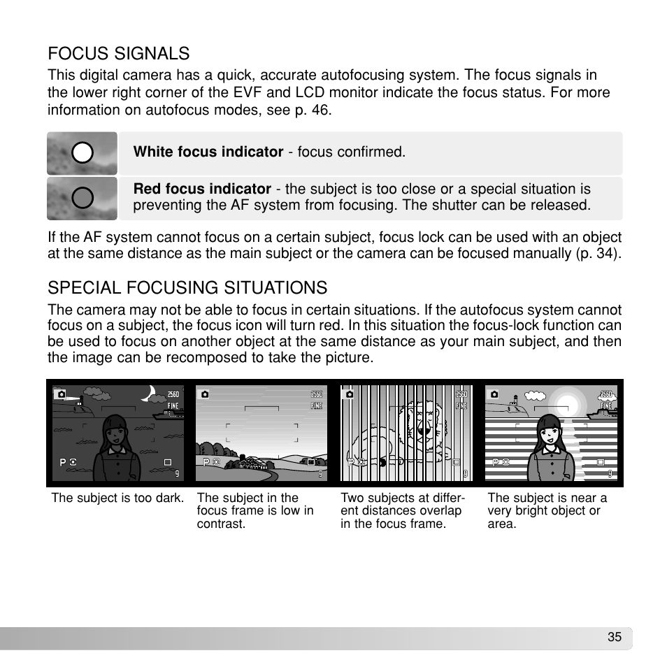 Focus signals special focusing situations | Konica Minolta Dimage A1 User Manual | Page 35 / 49