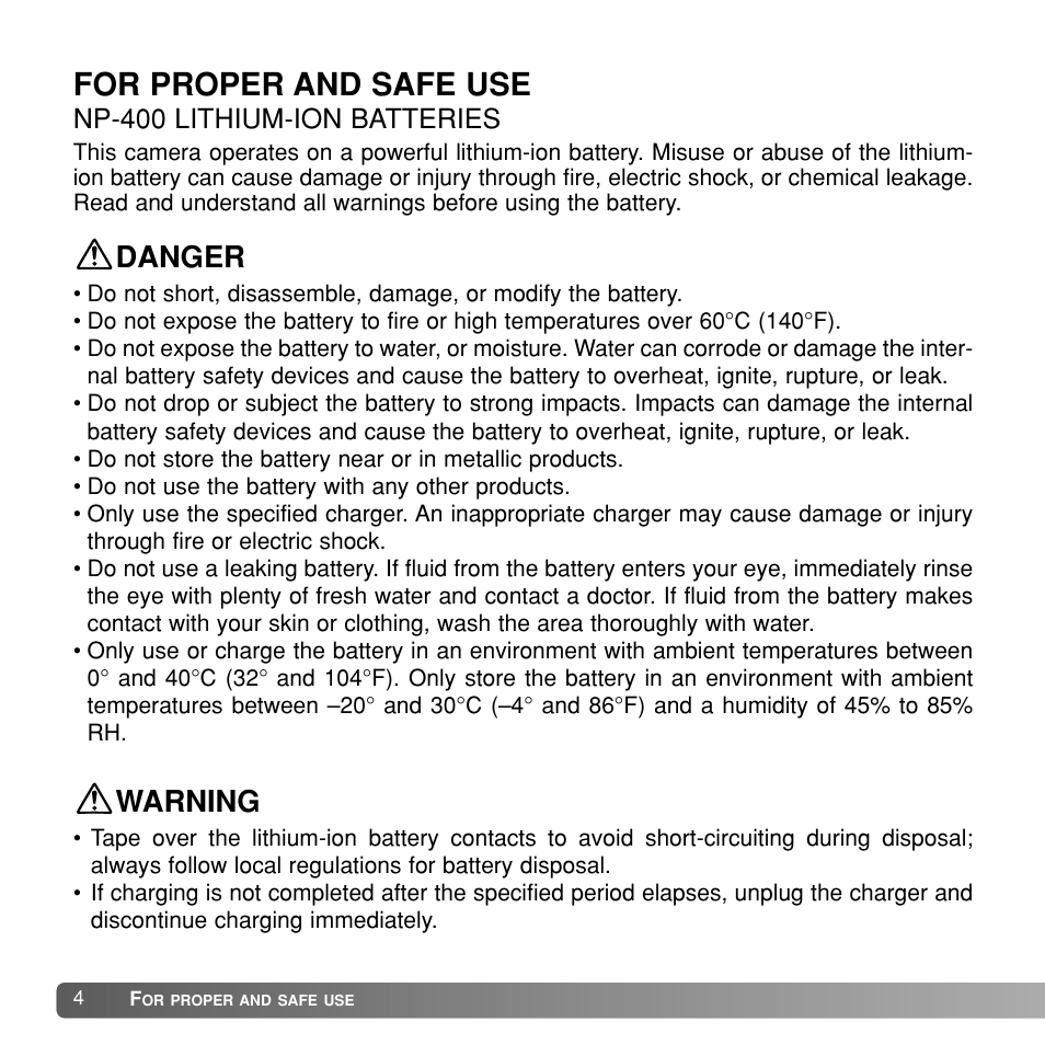 For proper and safe use, Danger, Warning | Np-400 lithium-ion batteries | Konica Minolta Dimage A1 User Manual | Page 4 / 49
