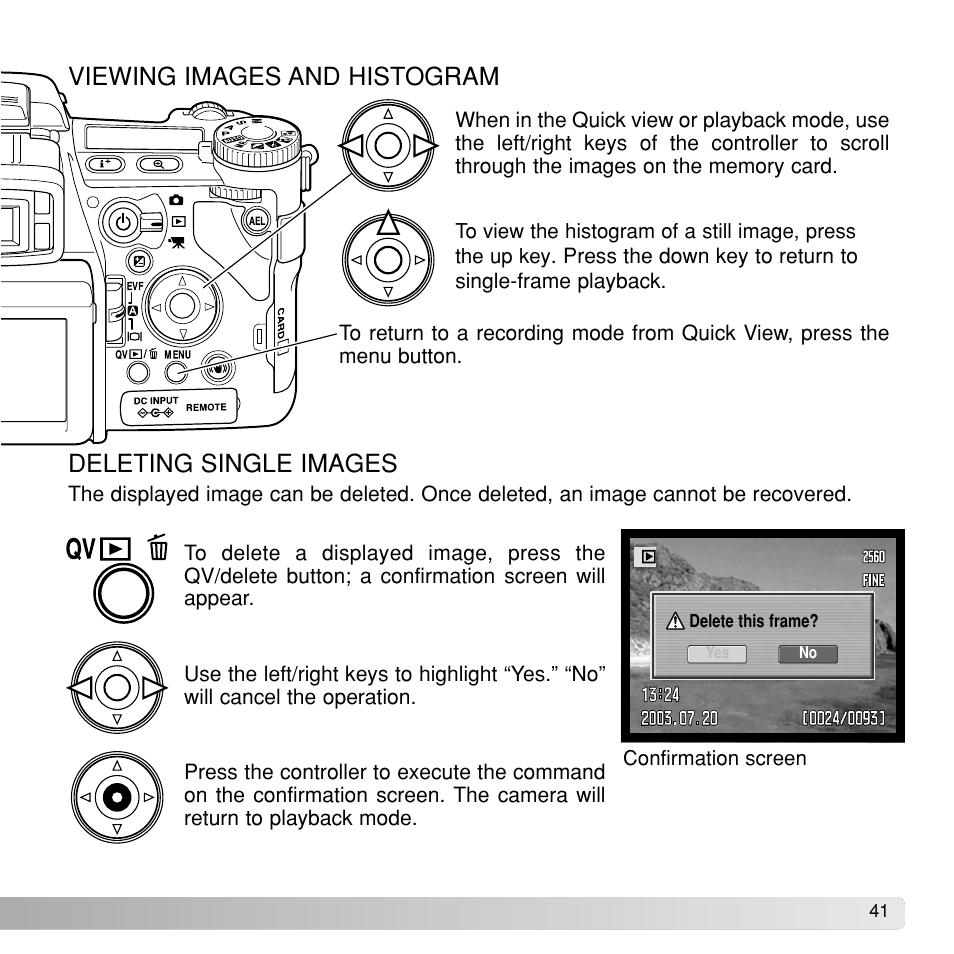 Viewing images and histogram, Deleting single images | Konica Minolta Dimage A1 User Manual | Page 41 / 49