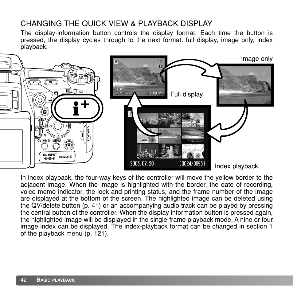 Changing the quick view & playback display | Konica Minolta Dimage A1 User Manual | Page 42 / 49