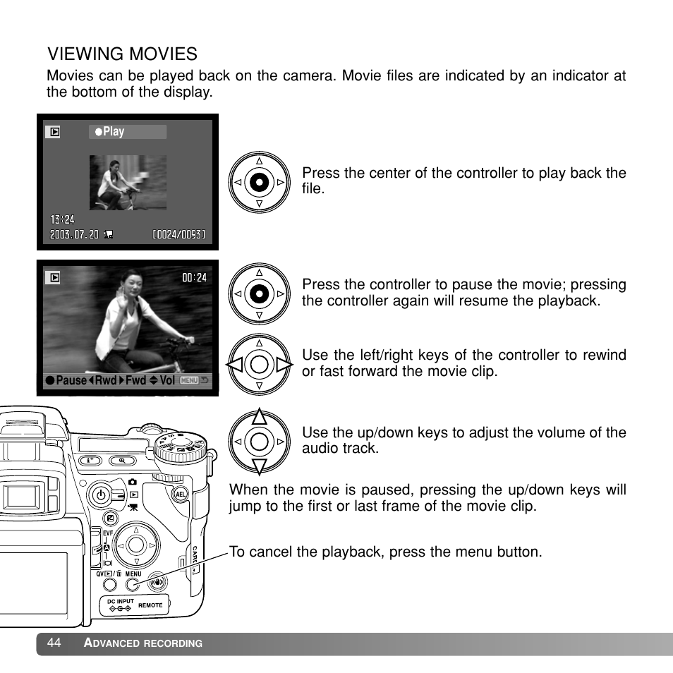 Viewing movies | Konica Minolta Dimage A1 User Manual | Page 44 / 49