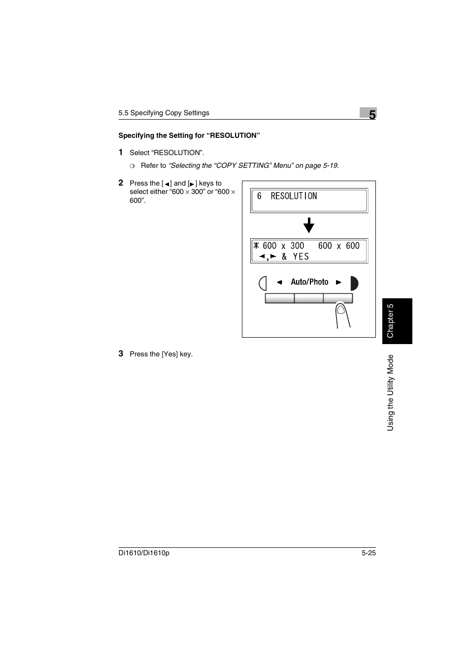 Specifying the setting for “resolution, Specifying the setting for “resolution” -25 | Konica Minolta Di1610 User Manual | Page 102 / 148
