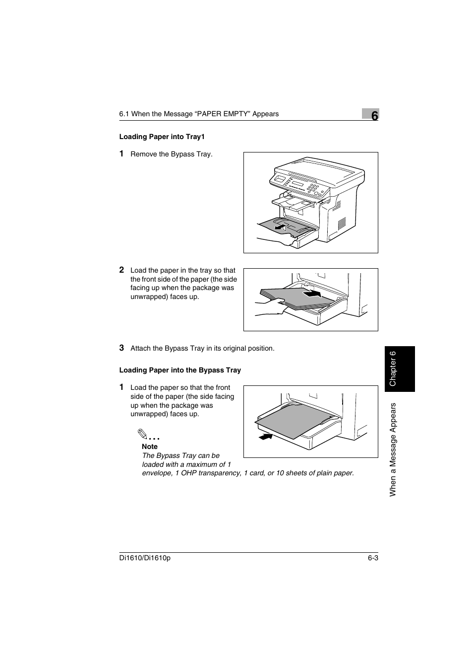 Loading paper into tray1, Loading paper into the bypass tray | Konica Minolta Di1610 User Manual | Page 106 / 148