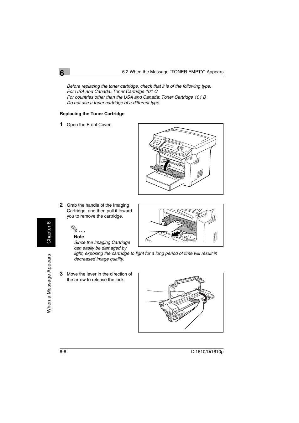 Replacing the toner cartridge, Replacing the toner cartridge -6 | Konica Minolta Di1610 User Manual | Page 109 / 148
