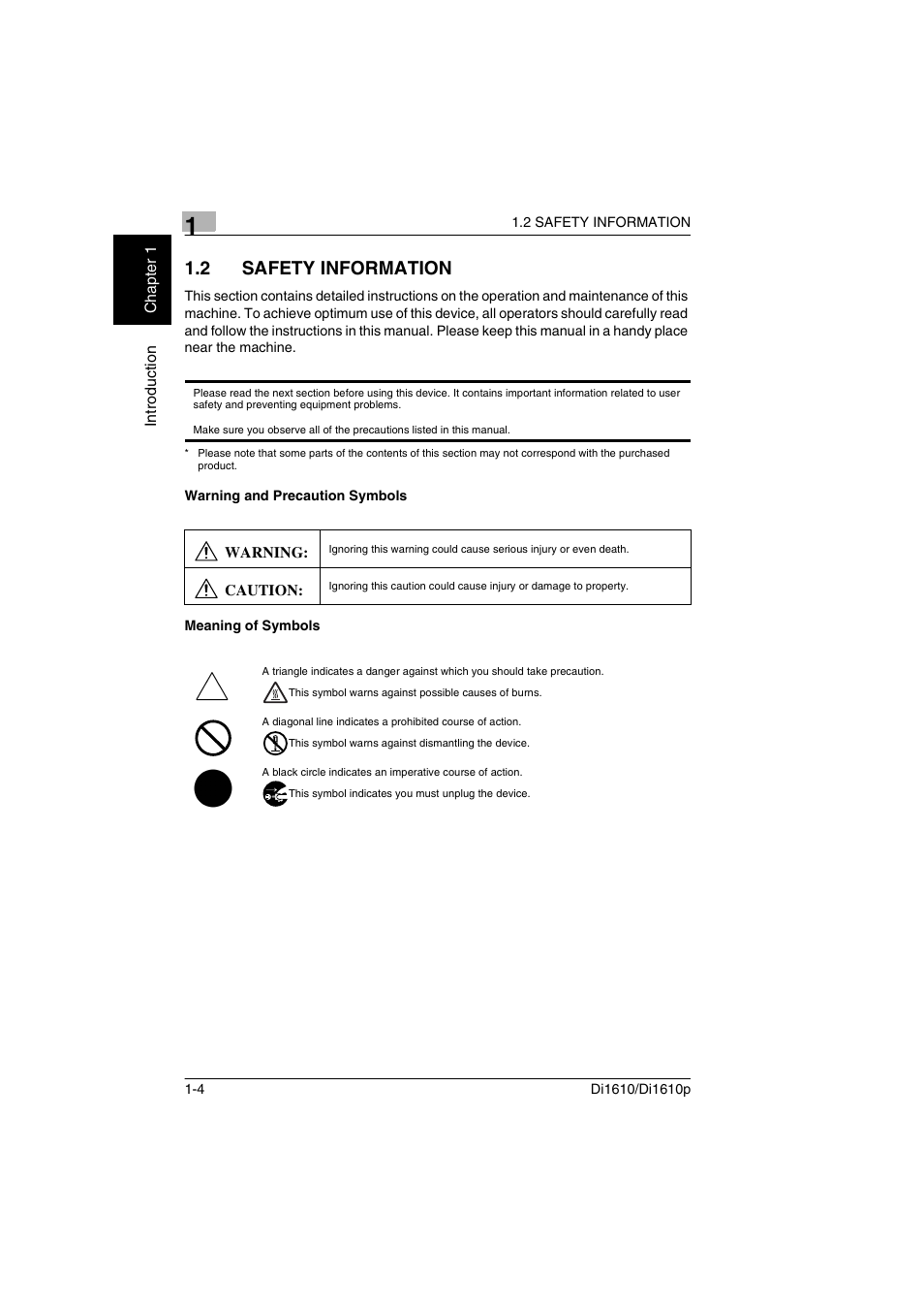 2 safety information, Warning and precaution symbols, Meaning of symbols | Safety information -4 | Konica Minolta Di1610 User Manual | Page 11 / 148