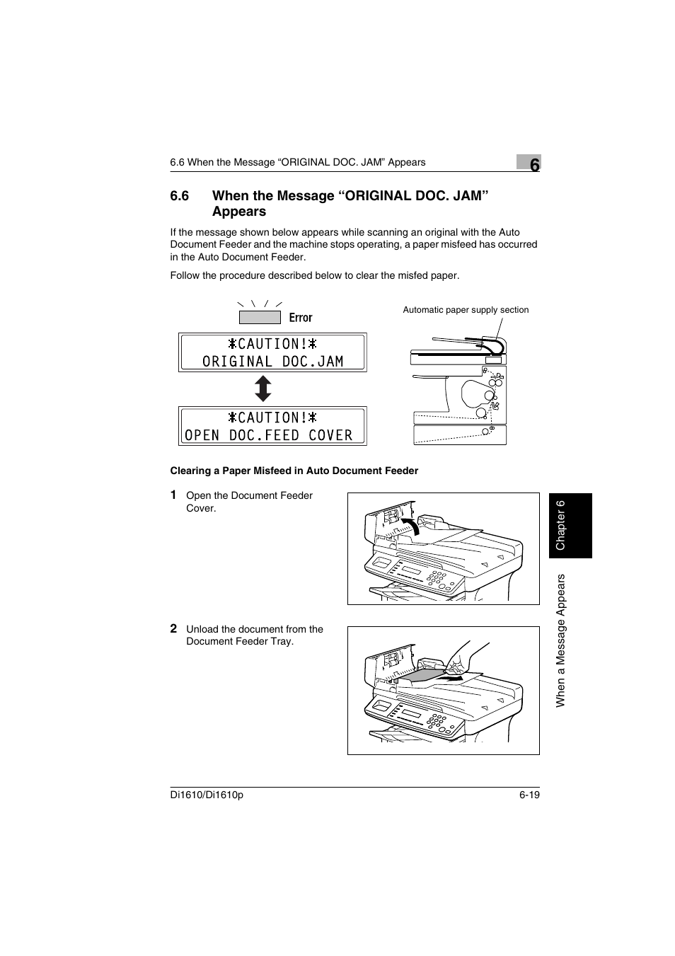 6 when the message “original doc. jam” appears, Clearing a paper misfeed in auto document feeder, When the message “original doc. jam” appears -19 | P. 6-19) | Konica Minolta Di1610 User Manual | Page 122 / 148