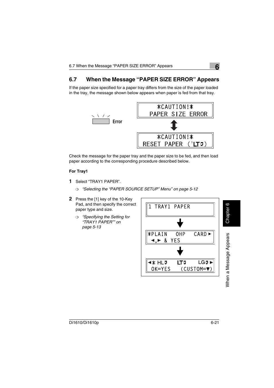 7 when the message “paper size error” appears, For tray1, When the message “paper size error” appears -21 | For tray1 -21 | Konica Minolta Di1610 User Manual | Page 124 / 148