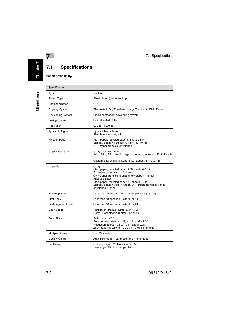 1 specifications, Di1610/di1610p, Specifications -2 | Di1610/di1610p -2 | Konica Minolta Di1610 User Manual | Page 135 / 148