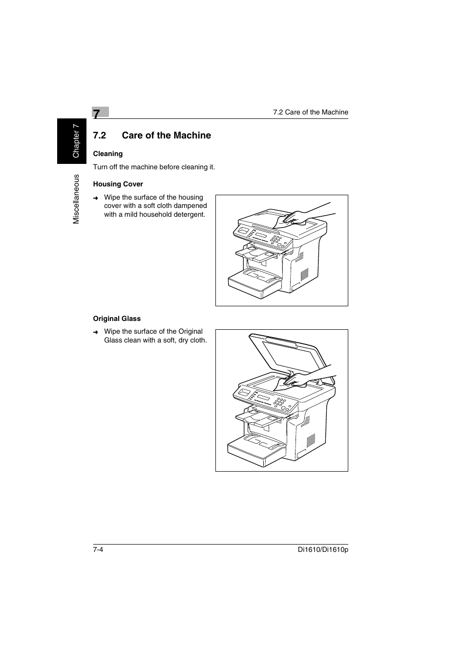 2 care of the machine, Cleaning, Housing cover | Original glass, Care of the machine -4, Cleaning -4 housing cover -4 original glass -4 | Konica Minolta Di1610 User Manual | Page 137 / 148