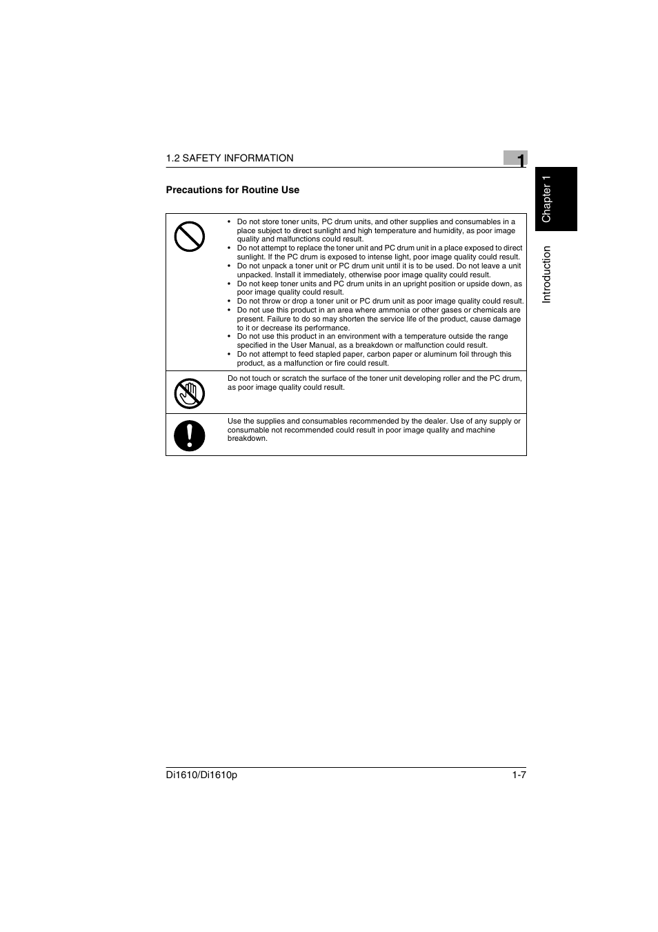 Precautions for routine use, Precautions for routine use -7 | Konica Minolta Di1610 User Manual | Page 14 / 148