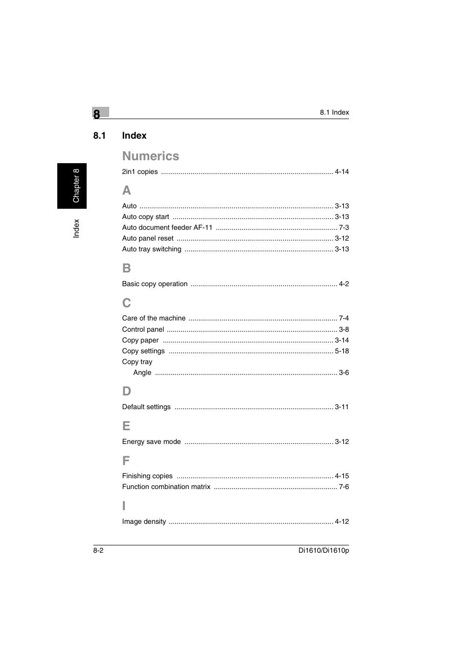 1 index, A to i, Index -2 | Numerics | Konica Minolta Di1610 User Manual | Page 145 / 148