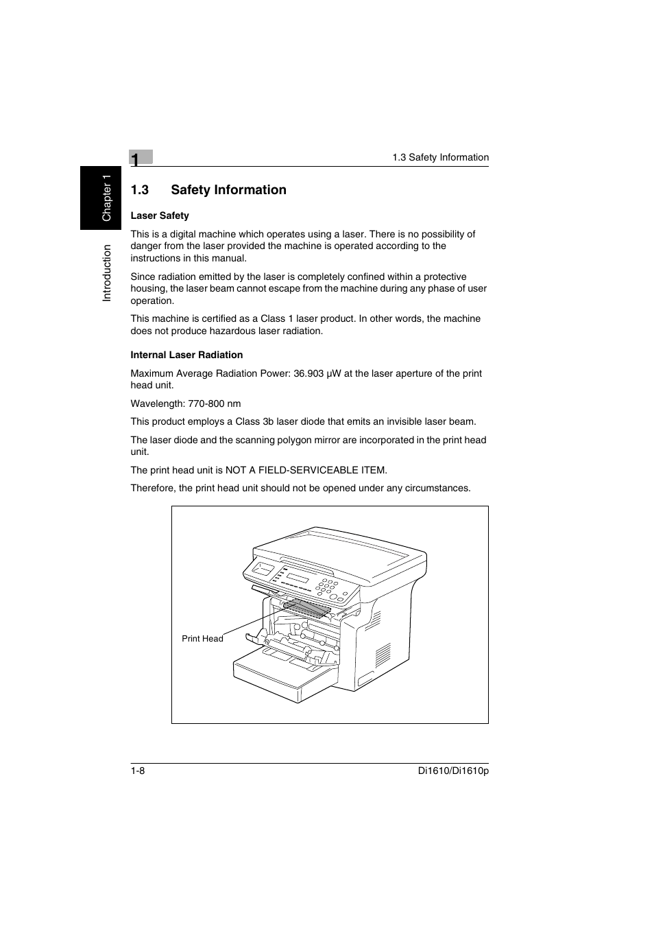 3 safety information, Laser safety, Internal laser radiation | Safety information -8, Laser safety -8 internal laser radiation -8 | Konica Minolta Di1610 User Manual | Page 15 / 148