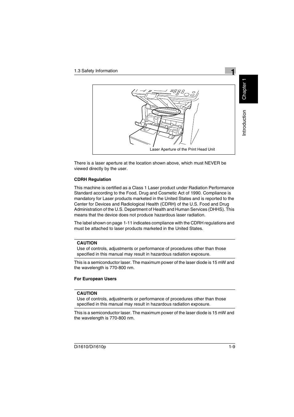 Cdrh regulation, For european users, Cdrh regulation -9 for european users -9 | Konica Minolta Di1610 User Manual | Page 16 / 148