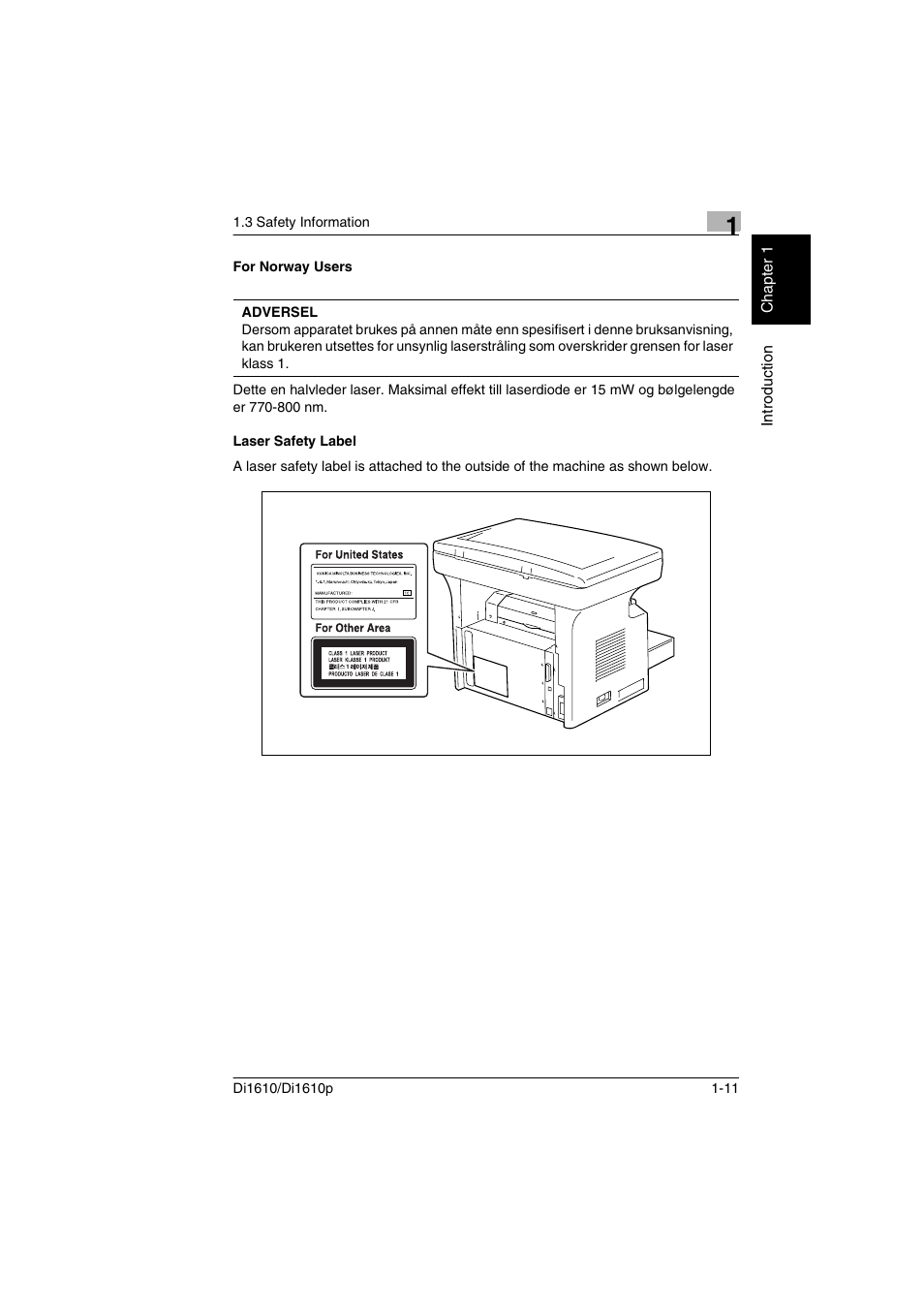 For norway users, Laser safety label, For norway users -11 laser safety label -11 | Konica Minolta Di1610 User Manual | Page 18 / 148
