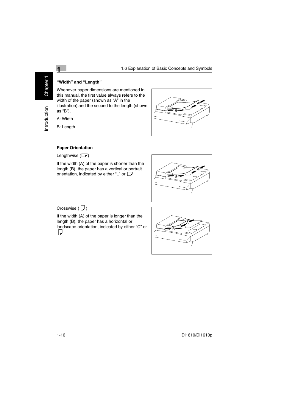 Width” and “length, Paper orientation, Width” and “length” -16 paper orientation -16 | Konica Minolta Di1610 User Manual | Page 23 / 148