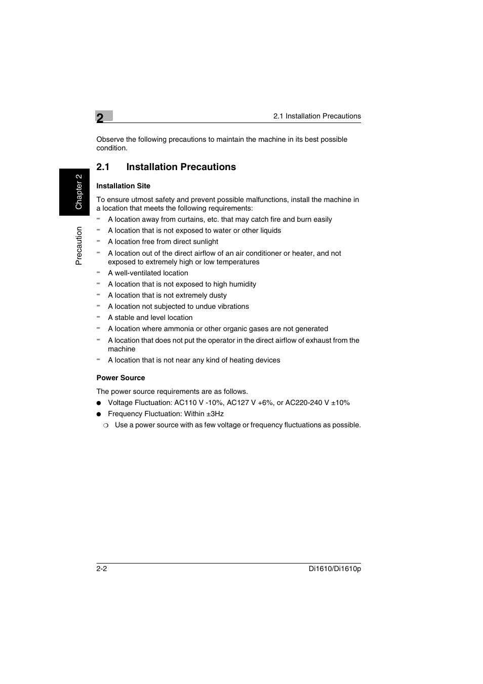 1 installation precautions, Installation site, Power source | Installation precautions -2, Installation site -2 power source -2 | Konica Minolta Di1610 User Manual | Page 25 / 148