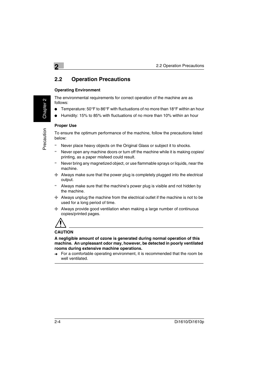 2 operation precautions, Operating environment, Proper use | Operation precautions -4, Operating environment -4 proper use -4 | Konica Minolta Di1610 User Manual | Page 27 / 148