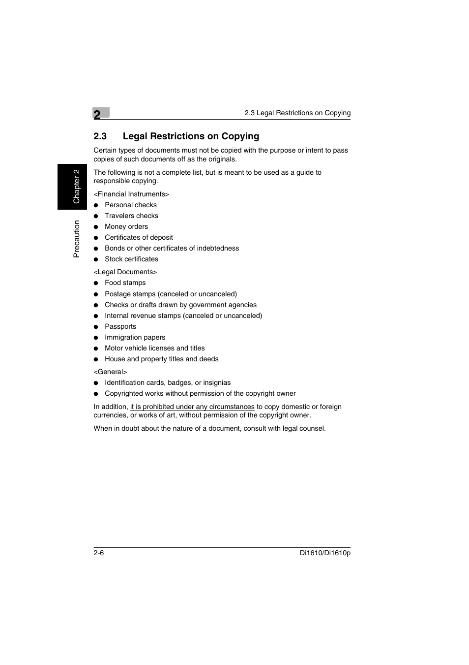 3 legal restrictions on copying, Legal restrictions on copying -6 | Konica Minolta Di1610 User Manual | Page 29 / 148