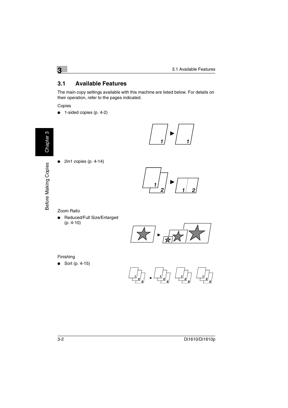 1 available features, Available features -2 | Konica Minolta Di1610 User Manual | Page 31 / 148
