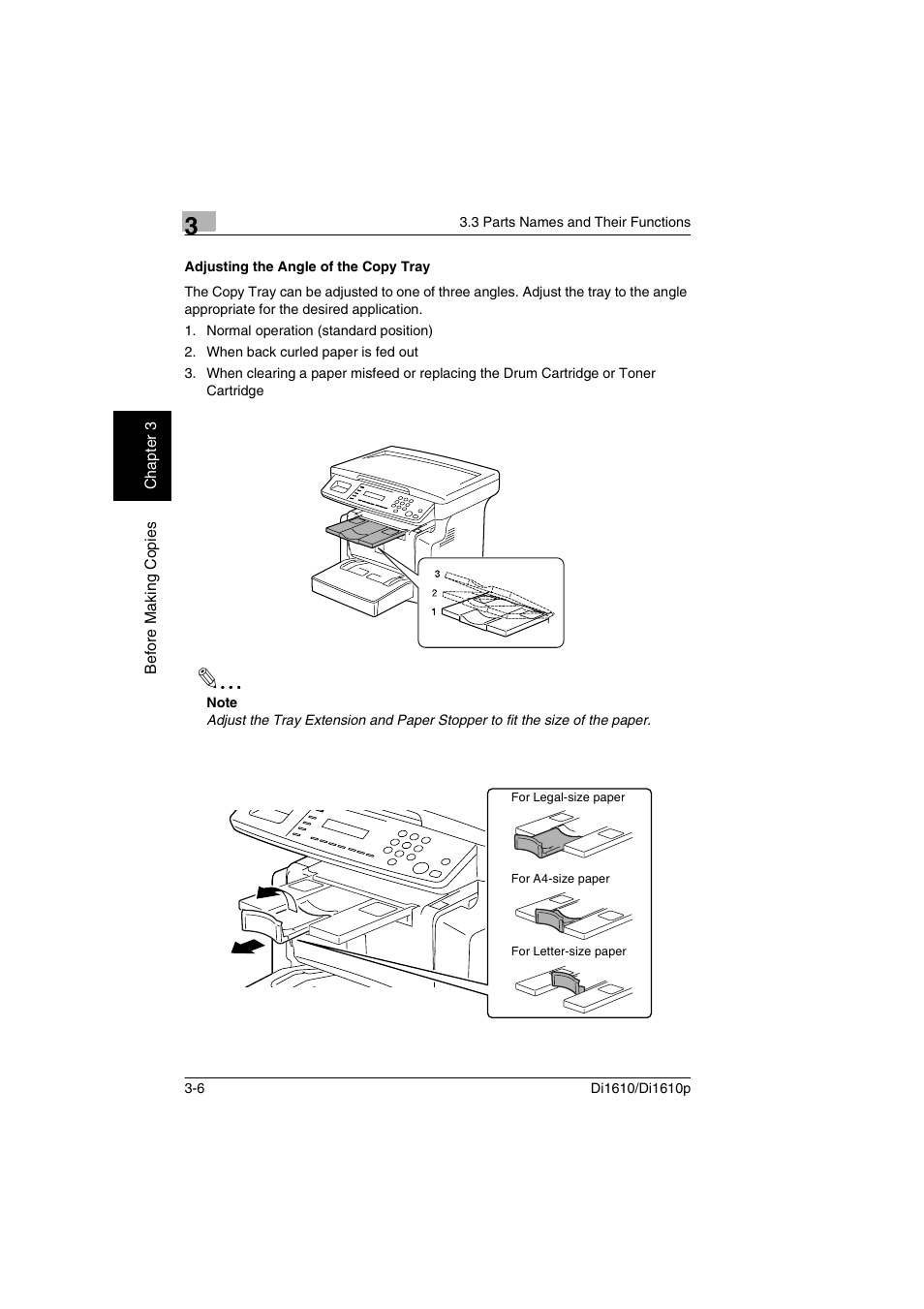 Adjusting the angle of the copy tray, Adjusting the angle of the copy tray -6, P. 3-6) | Konica Minolta Di1610 User Manual | Page 35 / 148
