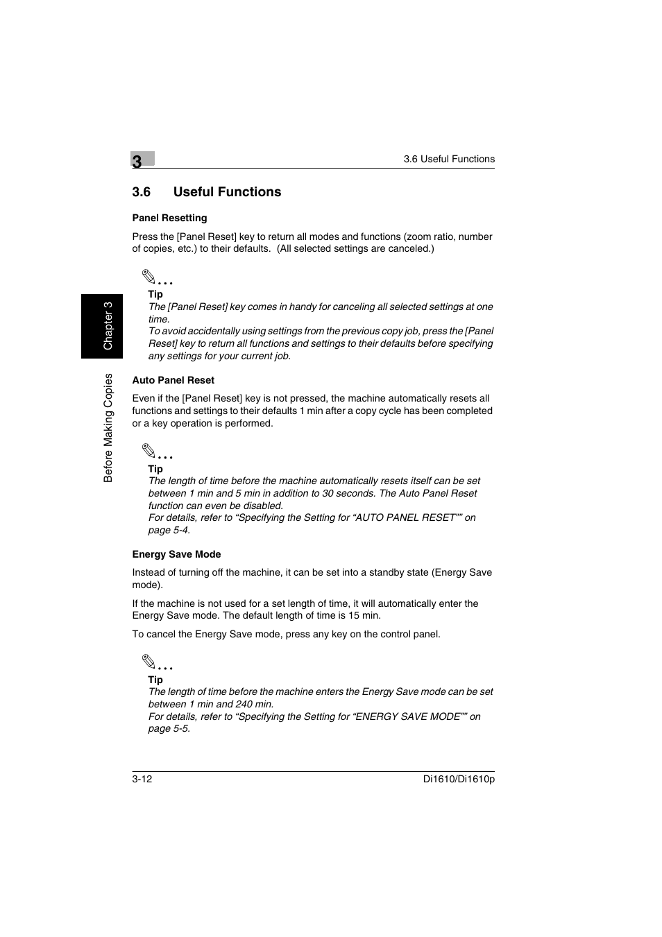 6 useful functions, Panel resetting, Auto panel reset | Energy save mode, Useful functions -12 | Konica Minolta Di1610 User Manual | Page 41 / 148