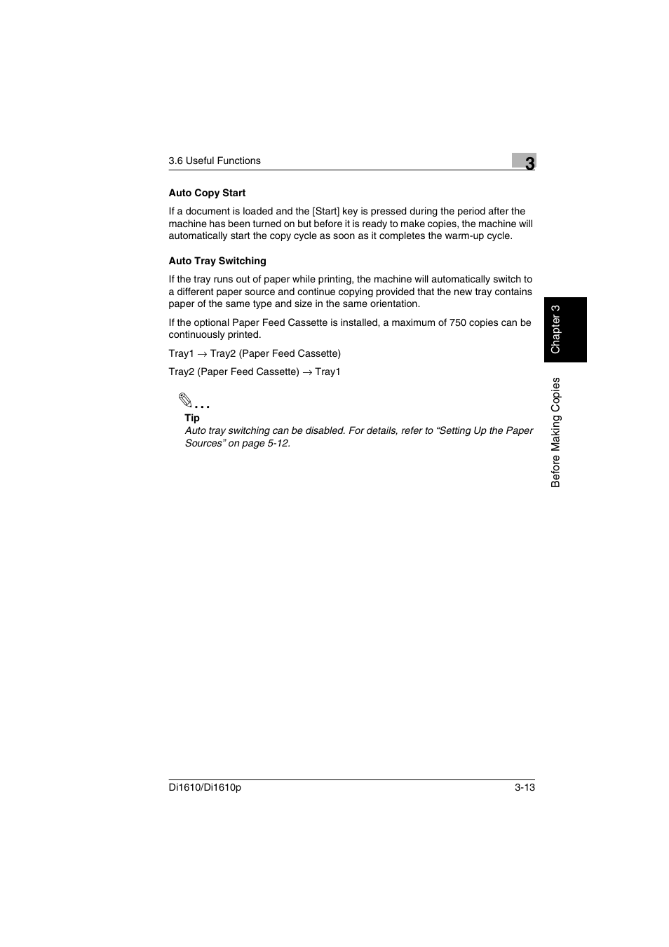 Auto copy start, Auto tray switching, Auto copy start -13 auto tray switching -13 | Konica Minolta Di1610 User Manual | Page 42 / 148