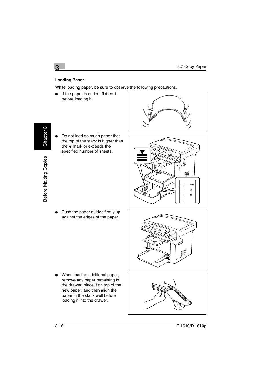 Loading paper, Loading paper -16 | Konica Minolta Di1610 User Manual | Page 45 / 148