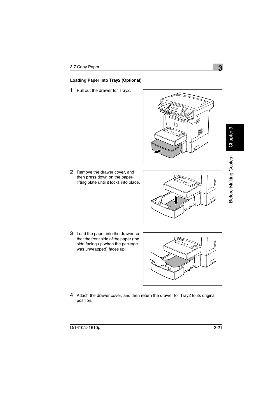 Loading paper into tray2 (optional), Loading paper into tray2 (optional) -21, P. 3-21 | Konica Minolta Di1610 User Manual | Page 50 / 148