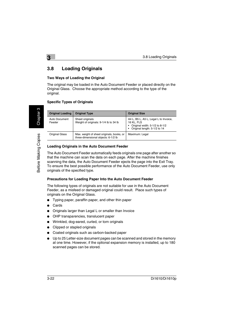 8 loading originals, Two ways of loading the original, Specific types of originals | Loading originals in the auto document feeder, Loading originals -22 | Konica Minolta Di1610 User Manual | Page 51 / 148