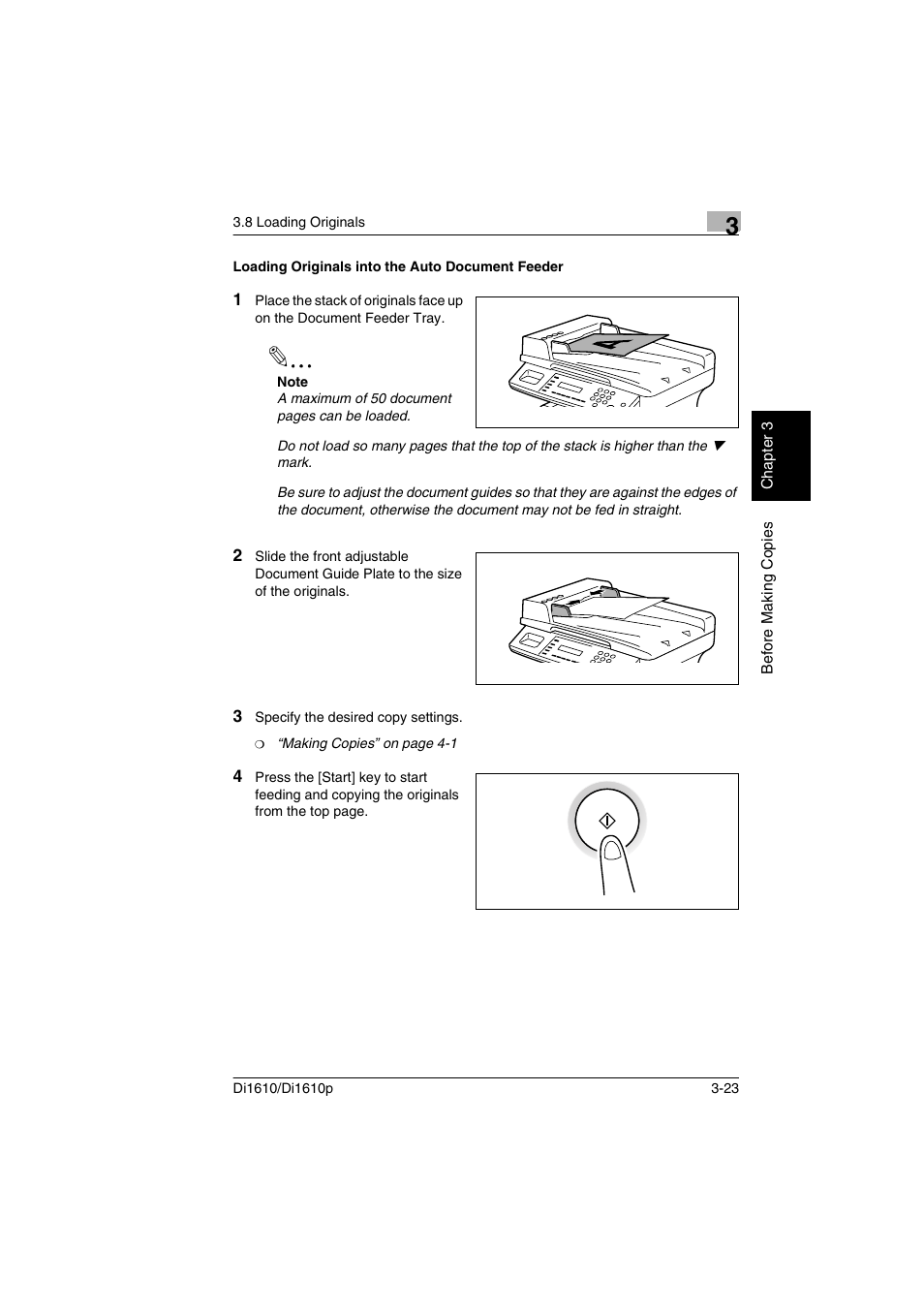 Loading originals into the auto document feeder, P. 3-23) | Konica Minolta Di1610 User Manual | Page 52 / 148