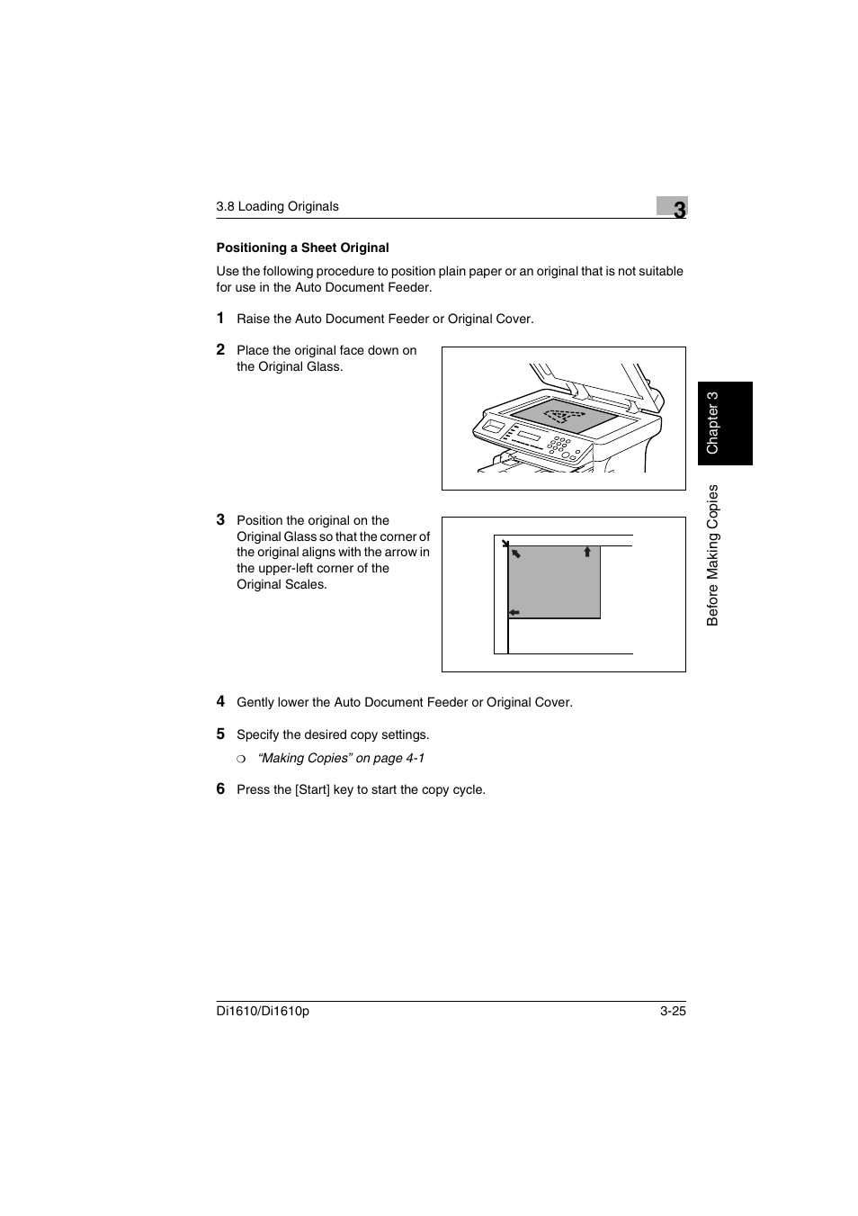 Positioning a sheet original, Positioning a sheet original -25 | Konica Minolta Di1610 User Manual | Page 54 / 148