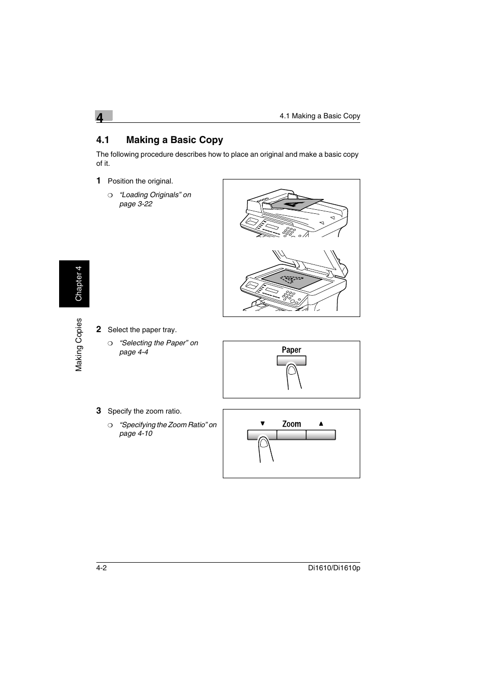 1 making a basic copy, Making a basic copy -2, P. 4-2) | Konica Minolta Di1610 User Manual | Page 63 / 148
