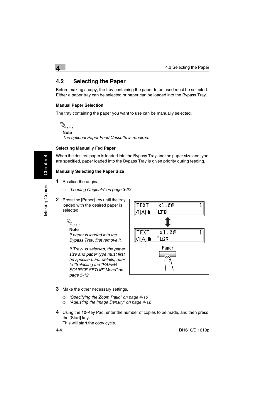 2 selecting the paper, Manual paper selection, Selecting manually fed paper | Manually selecting the paper size, Selecting the paper -4 | Konica Minolta Di1610 User Manual | Page 65 / 148