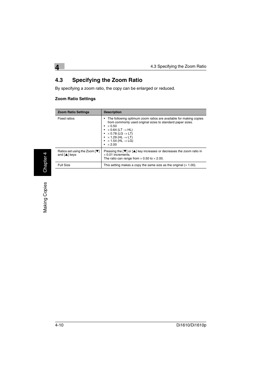 3 specifying the zoom ratio, Zoom ratio settings, Specifying the zoom ratio -10 | Zoom ratio settings -10, P. 4-10) | Konica Minolta Di1610 User Manual | Page 71 / 148