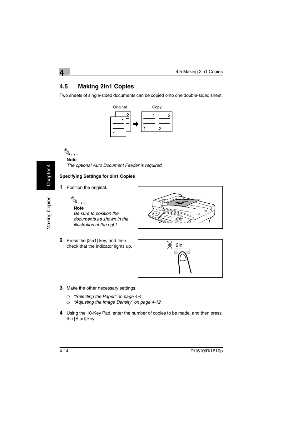 5 making 2in1 copies, Specifying settings for 2in1 copies, Making 2in1 copies -14 | Specifying settings for 2in1 copies -14, P. 4-14) | Konica Minolta Di1610 User Manual | Page 75 / 148
