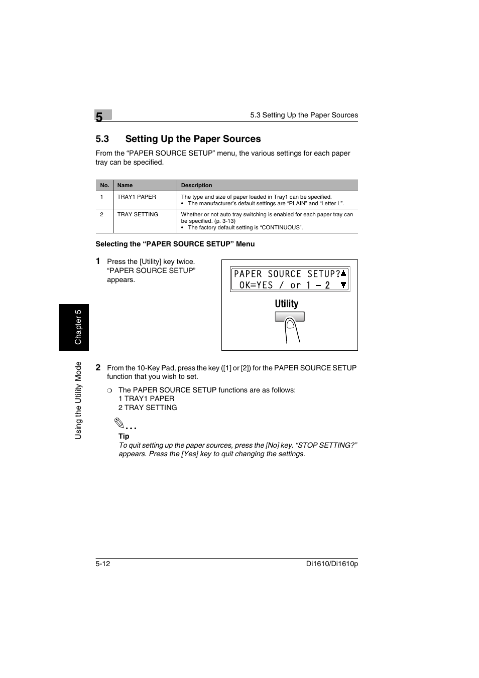 3 setting up the paper sources, Selecting the “paper source setup” menu, Setting up the paper sources -12 | Selecting the “paper source setup” menu -12 | Konica Minolta Di1610 User Manual | Page 89 / 148