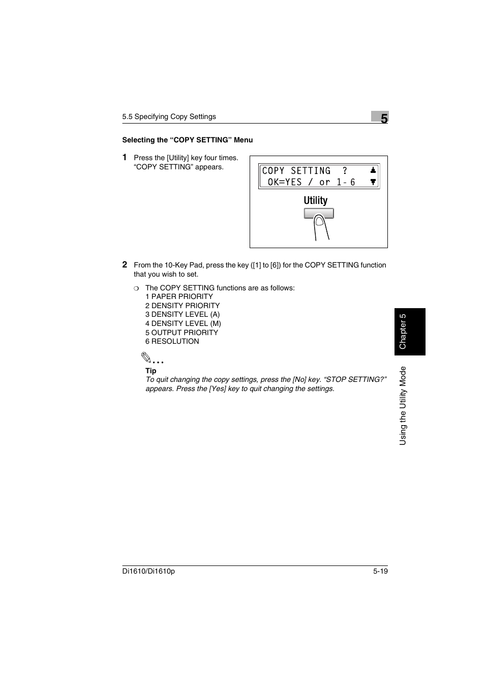 Selecting the “copy setting” menu, Selecting the “copy setting” menu -19 | Konica Minolta Di1610 User Manual | Page 96 / 148