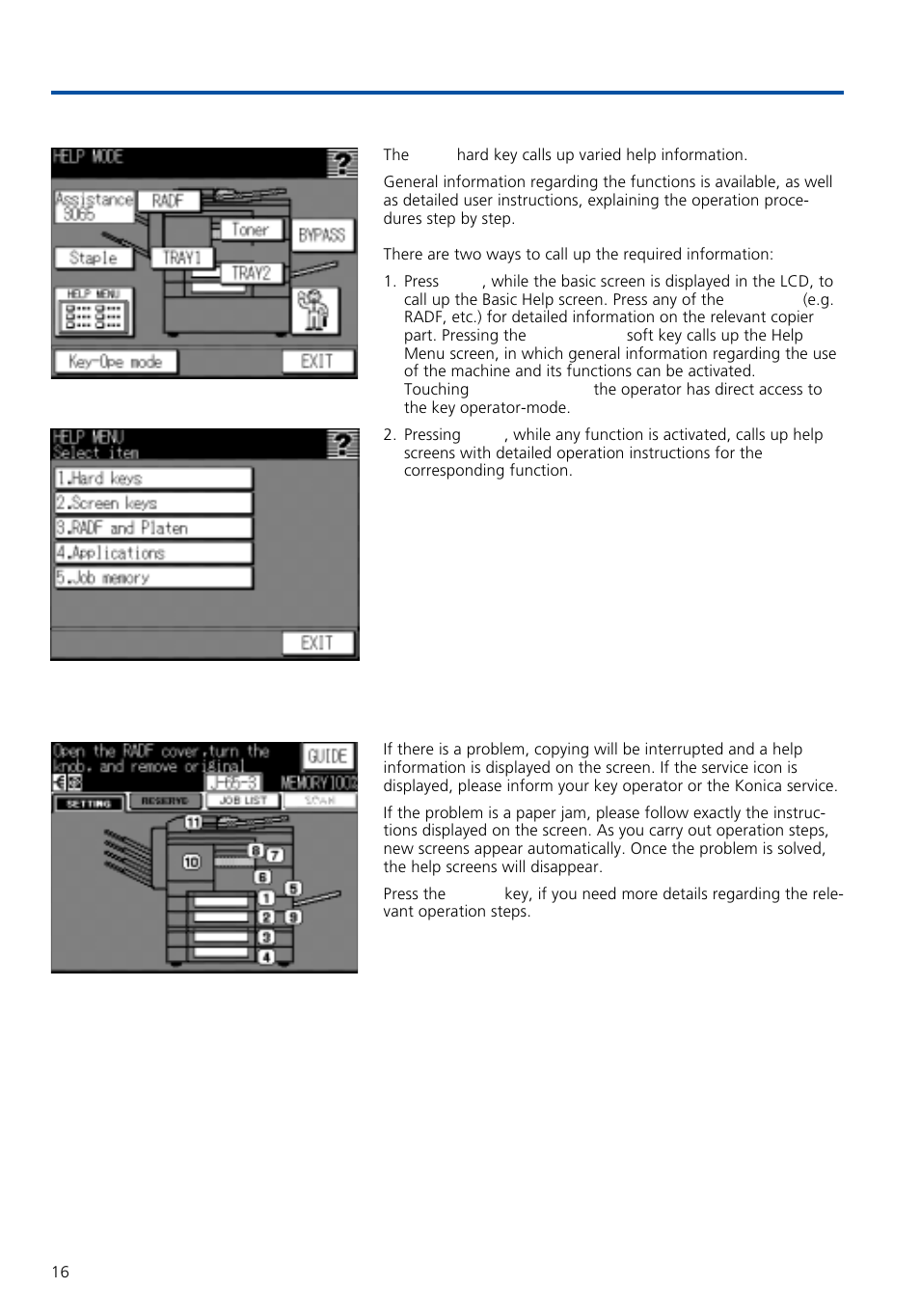 The help function, 1 the help key 4.2 automatic help mode | Konica Minolta 7020 User Manual | Page 16 / 58