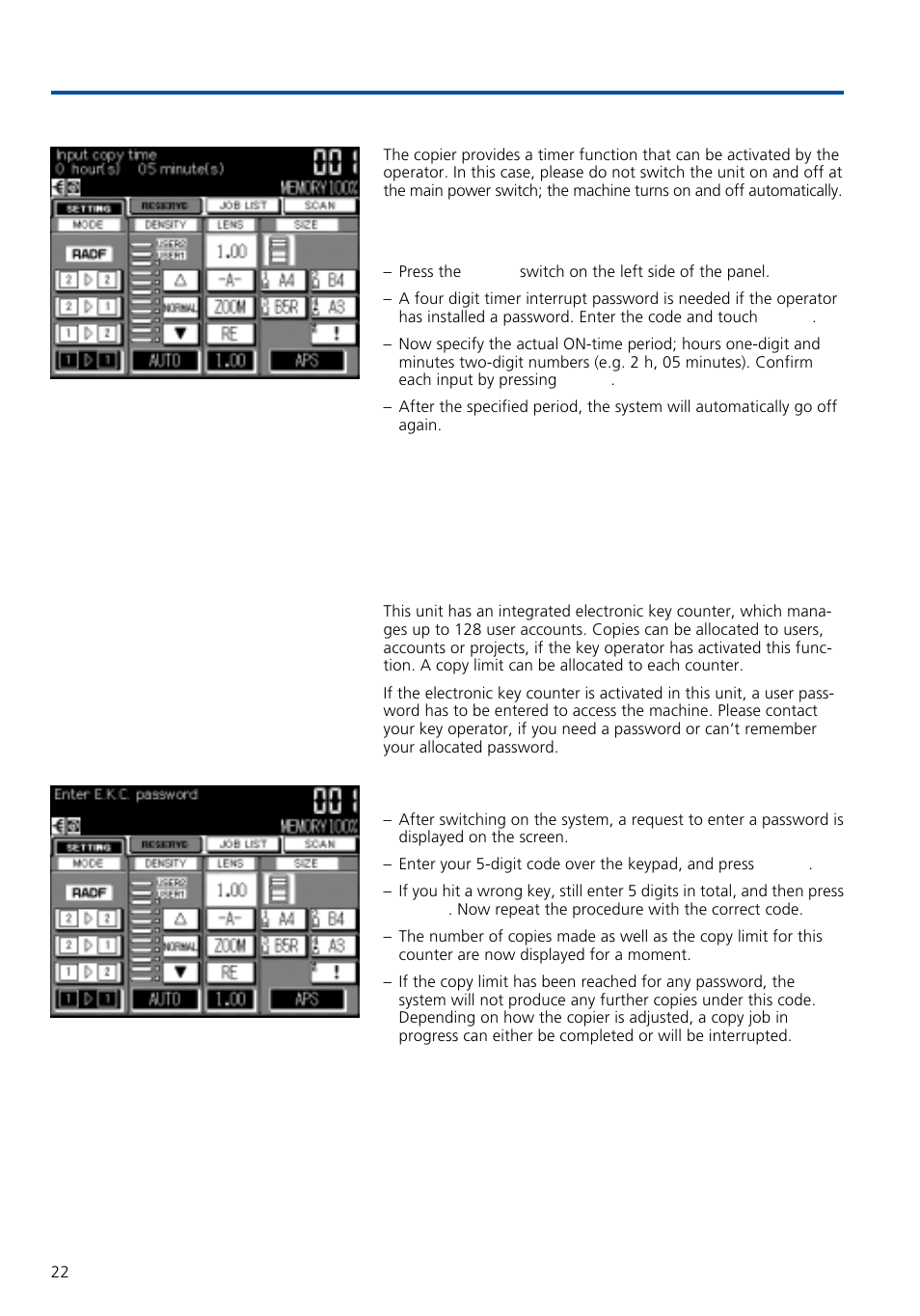 Before copying, 1 weekly timer, 2 user password / electronic key counter (ekc) | Konica Minolta 7020 User Manual | Page 22 / 58
