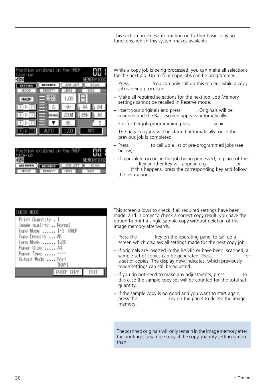 Other basic functions, 1 job programming / reserve mode, 2 check screen / proof copy | Konica Minolta 7020 User Manual | Page 30 / 58